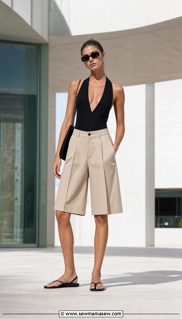 Wide Leg Trouser Shorts with Halter Neck Bodysuit - 25 Summer outfits for skinny women