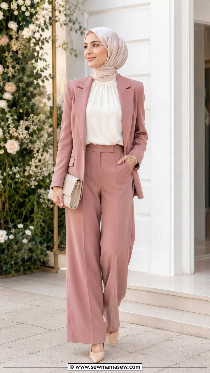 Wide Leg Trousers And Blazer Set - 30 Modest wedding guest outfit ideas for Muslim women