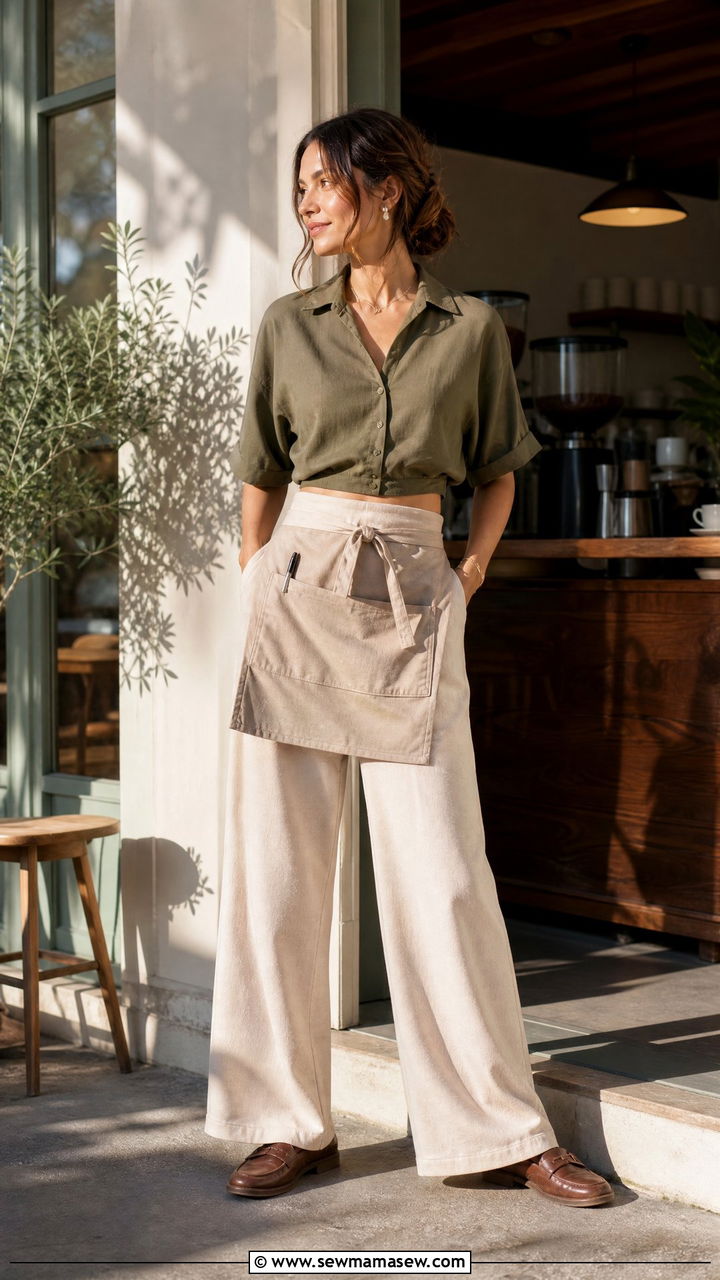 Wide Leg Trousers And Cropped Blouse With Loafers - 30 Summer outfit ideas for barista