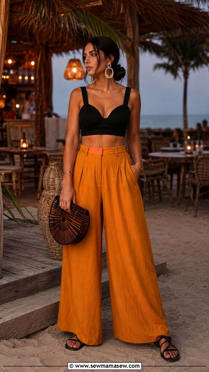 Wide Leg Trousers And Cropped Bralette Tulum Outfit - 30 Tulum outfit ideas