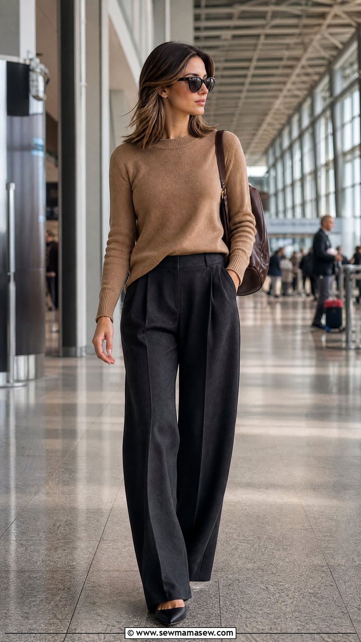 Wide Leg Trousers And Knit Sweater Airport Outfit - 30 Europe airport outfit ideas