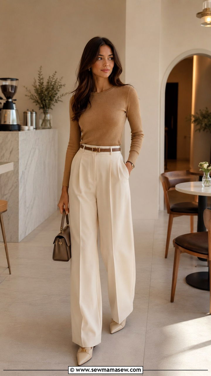 Wide Leg Trousers And Knit Top Outfit - 25 Mom uniform outfit ideas