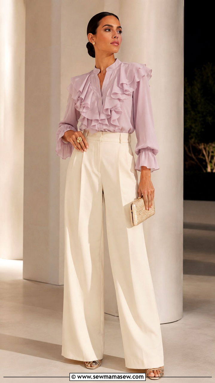 Wide Leg Trousers And Ruffled Blouse With Statement Ring - 30 Spring outfits with jewelry