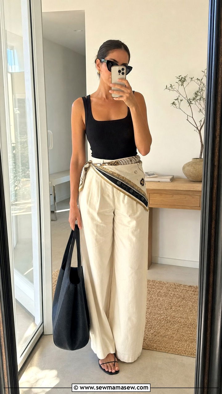 Wide Leg Trousers And Tank Top With Silk Scarf Belt - 25 Silk scarf as a belt outfit ideas