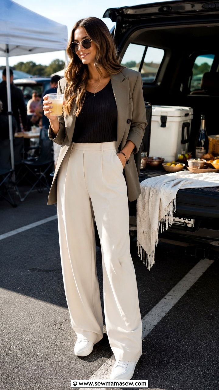 Wide Leg Trousers Bodysuit and Blazer - 30 Tailgate outfit ideas college
