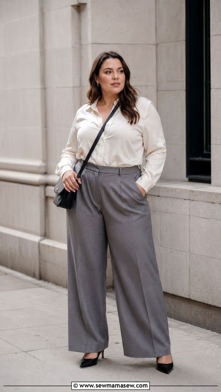 Wide Leg Trousers Silk Blouse Look - 25 Plus size outfit ideas old money
