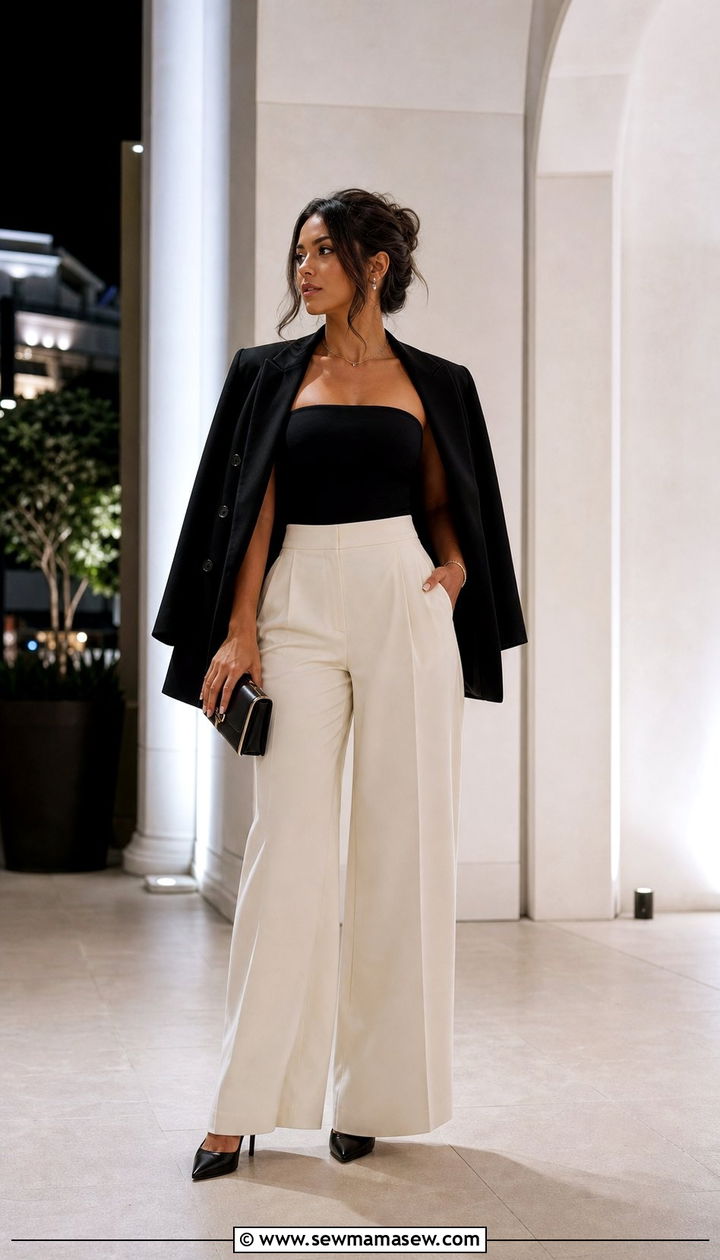 Wide Leg Trousers Strapless Top and Oversized Blazer - 25 cute cute outfits