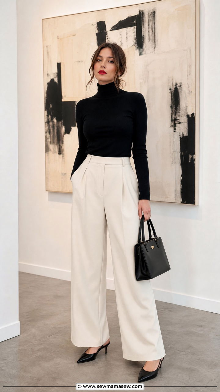 Wide Leg Trousers Turtleneck Outfit With Red Lipstick - 25 French girl outfit ideas with red lipstick