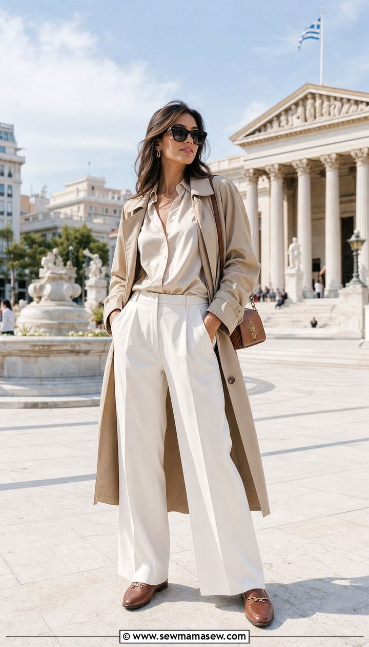 Wide Leg Trousers With A Blouse And Light Trench Coat - 25 Spring week in Greece outfits