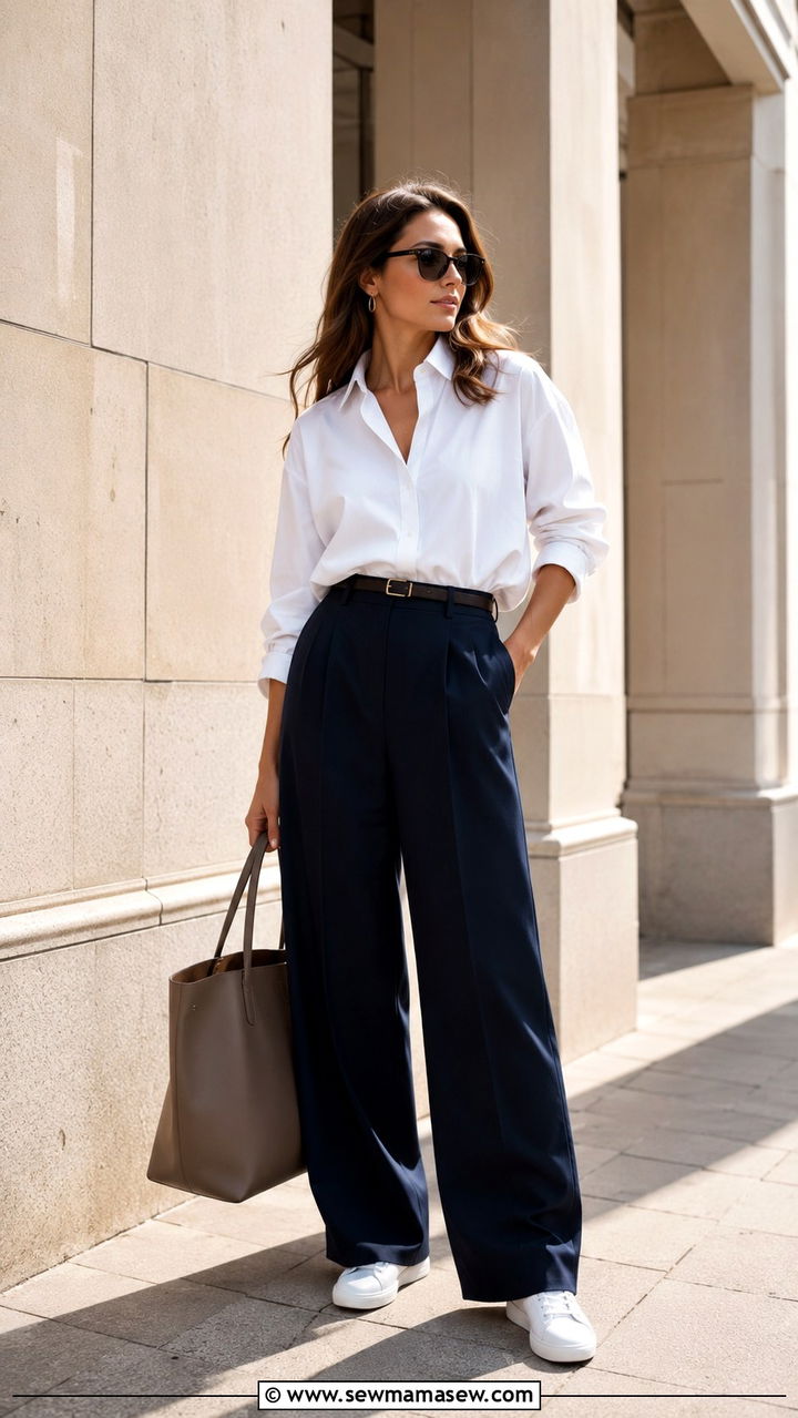Wide Leg Trousers With A Button Down Shirt And Sneakers - 25 Wide leg trousers outfit ideas with sneakers