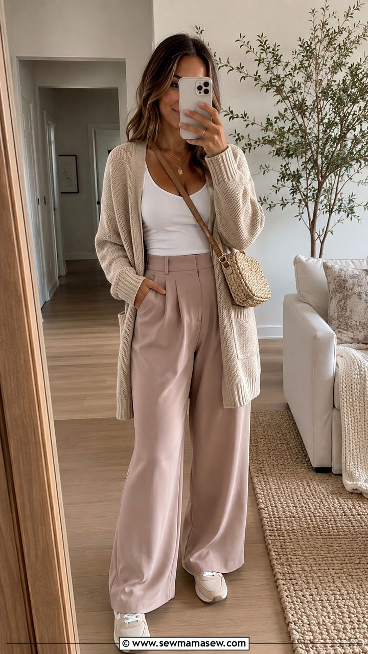 Wide Leg Trousers With A Cardigan And Sneakers - 25 Wide leg trousers outfit ideas with sneakers