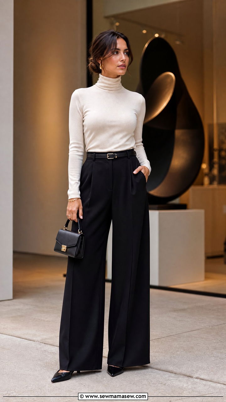 Wide Leg Trousers With A Fitted Turtleneck For Event Planners - 30 Event planner outfit ideas