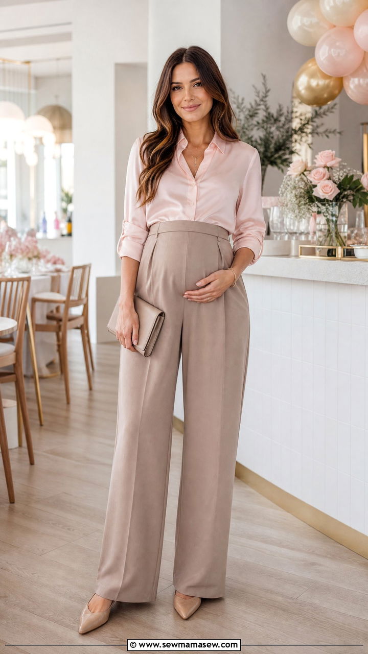 Wide Leg Trousers With A Silk Blouse - 25 Casual baby shower outfits