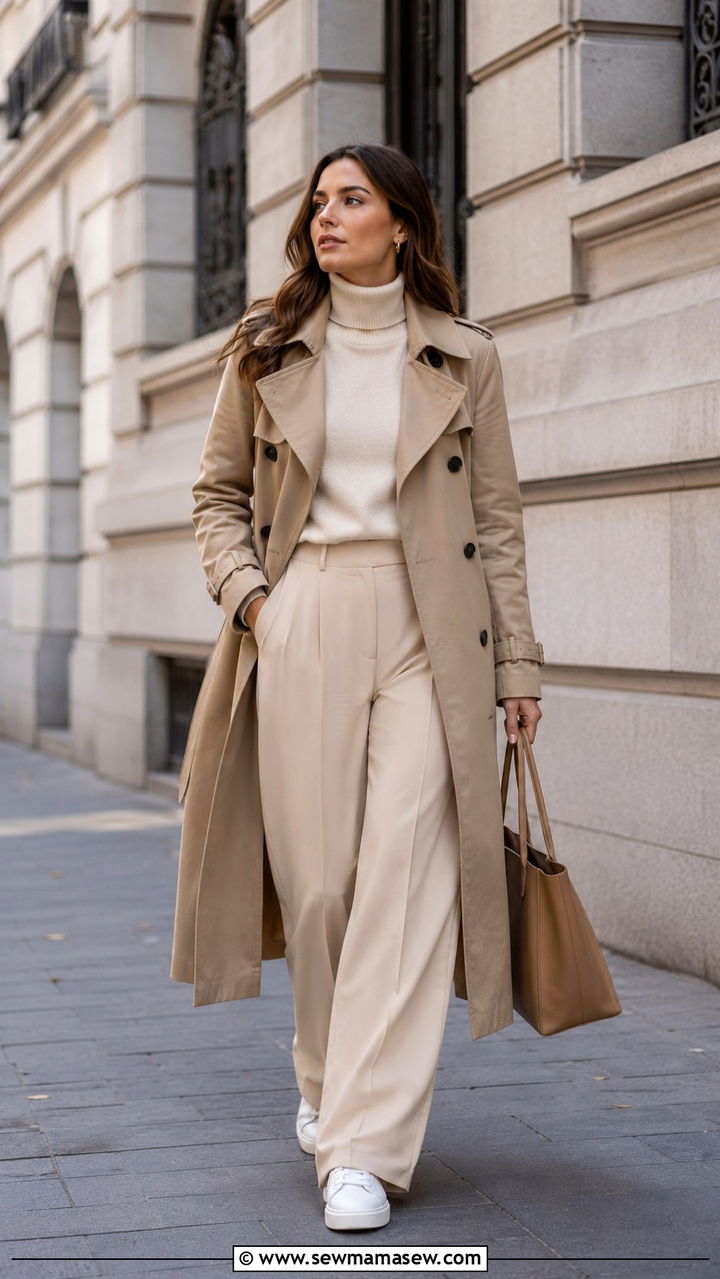 Wide Leg Trousers With A Trench Coat And Sneakers - 25 Wide leg trousers outfit ideas with sneakers