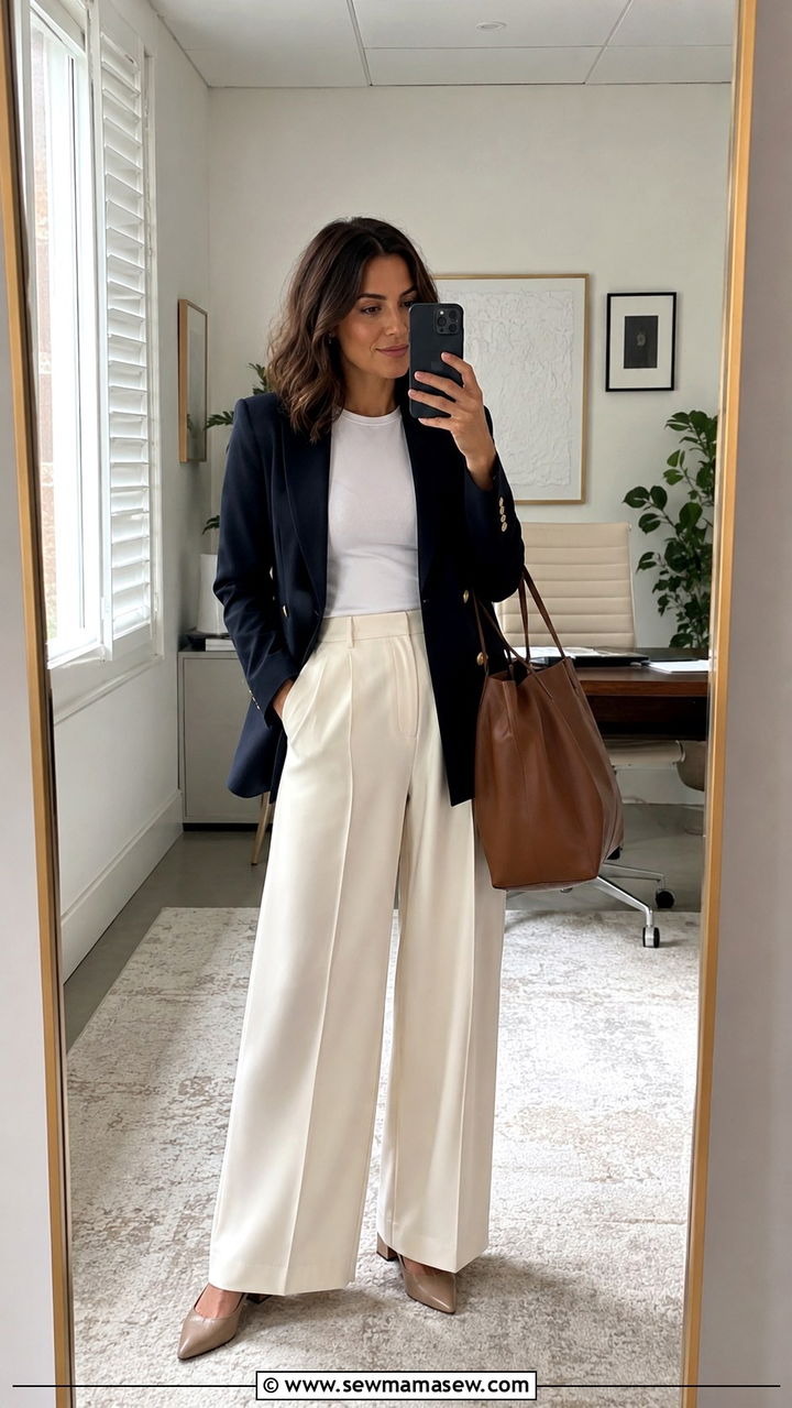 Wide Leg Trousers With A Tucked In Tee And Blazer Work Outfit For Women Over 40 - 25 Work outfit ideas for women over 40 2026