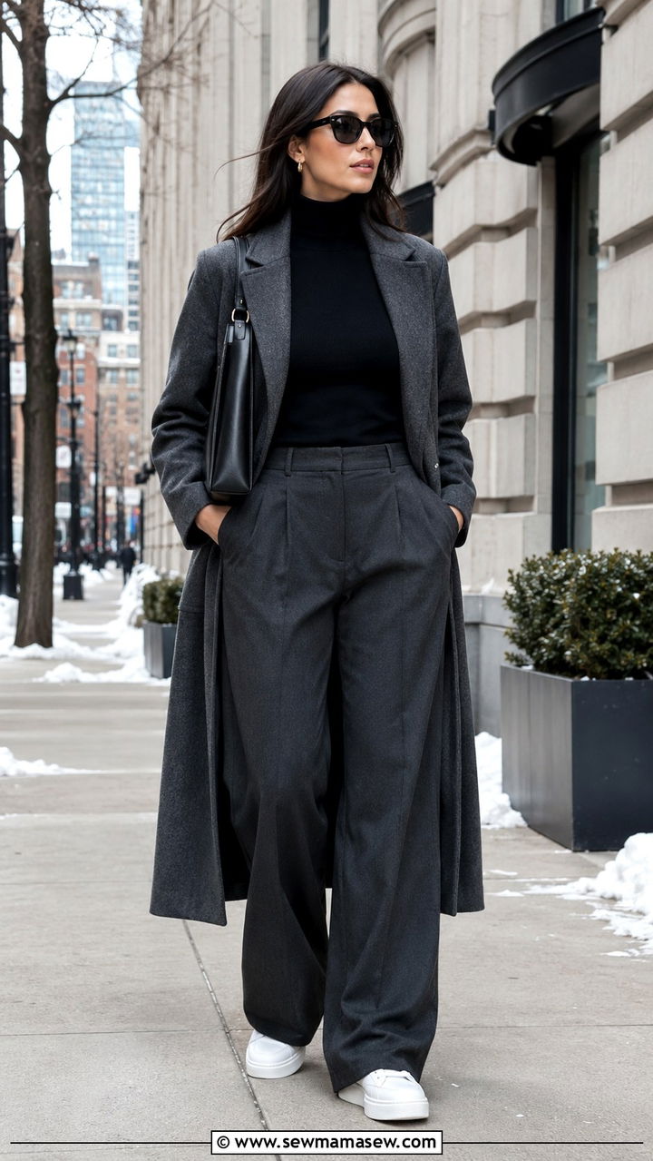 Wide Leg Trousers With A Turtleneck And Sneakers - 25 Wide leg trousers outfit ideas with sneakers