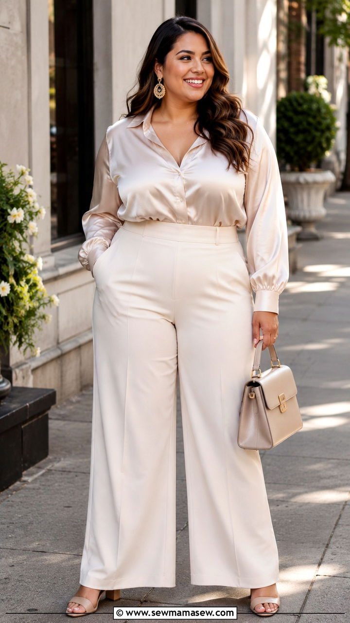 Wide Leg Trousers With Blouse And Block Heels - 30 Plus size outfit ideas for baby shower