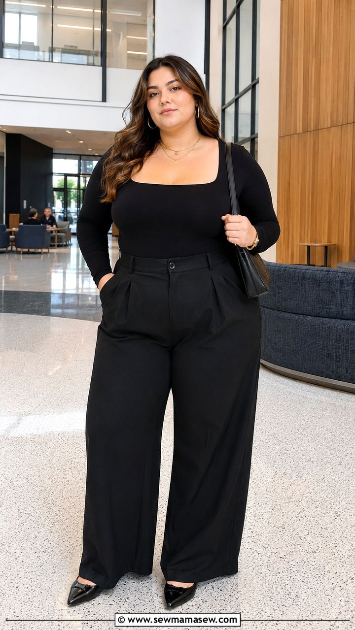 Wide Leg Trousers With Bodysuit And Pointed Flats - 30 Plus size outfit ideas for college