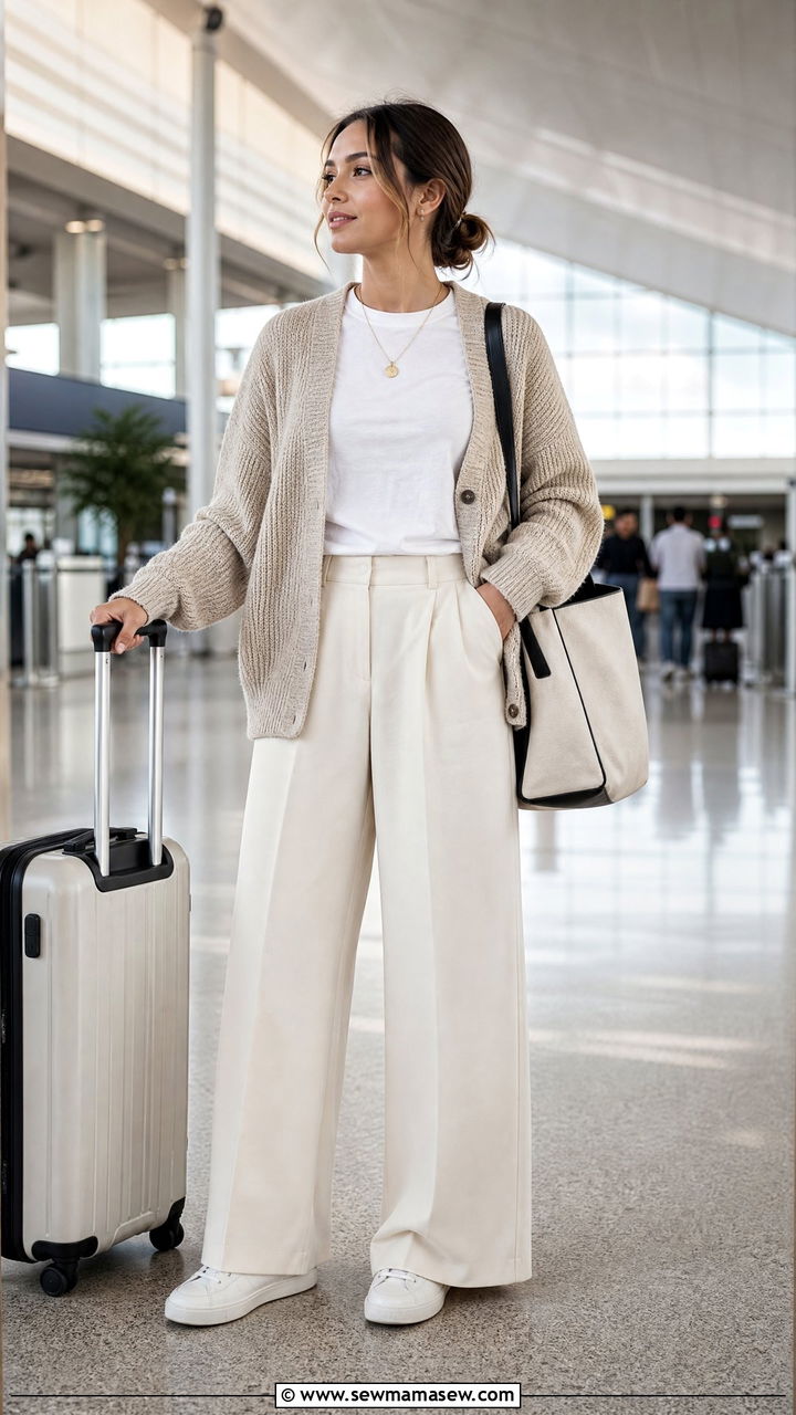 Wide Leg Trousers With Cardigan Airport Outfit - 30 modest airport outfit ideas