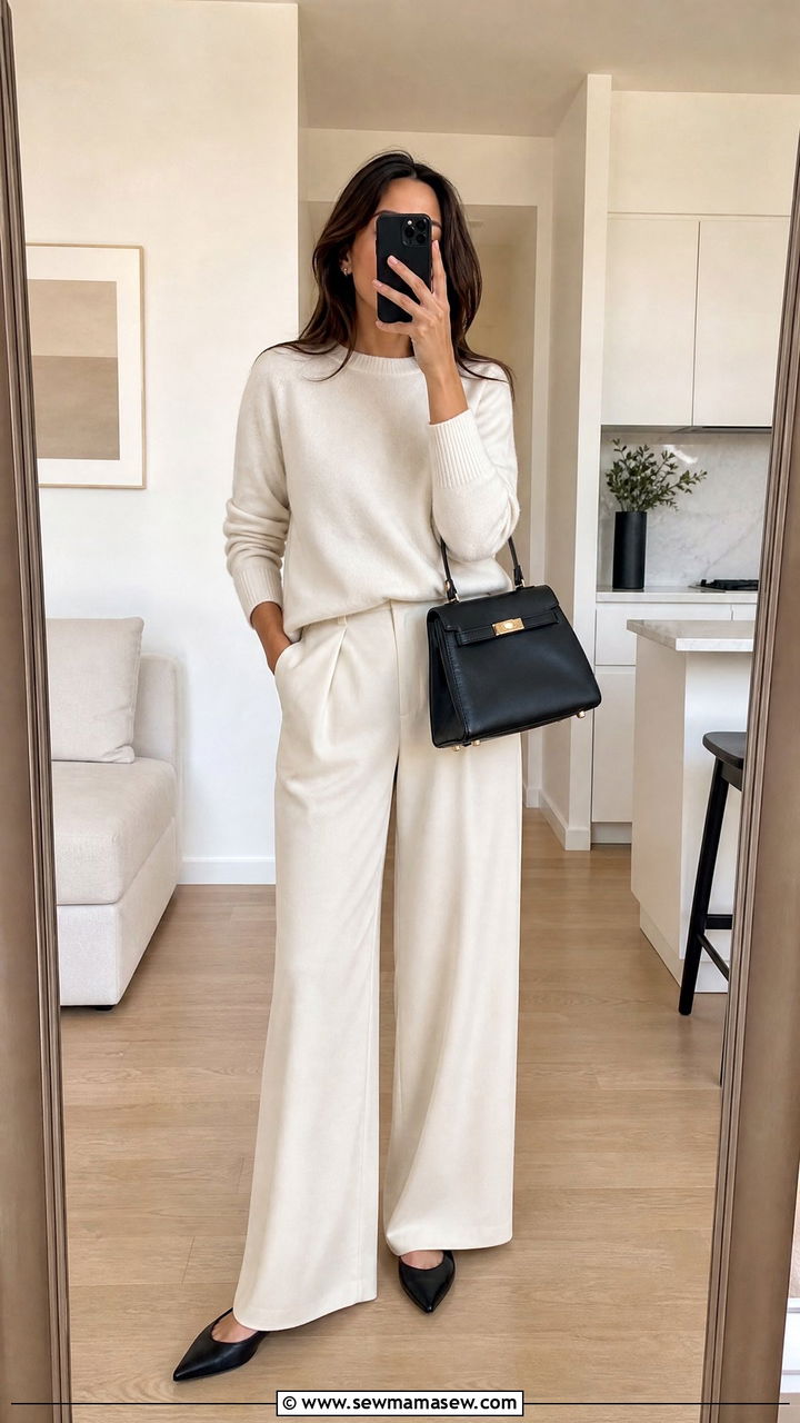 Wide Leg Trousers With Cashmere Crew Neck And Pointed Flats - 30 classy trendy outfits