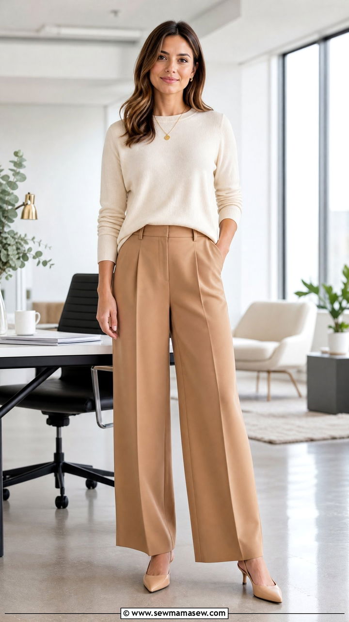 Wide Leg Trousers With Fine Knit Sweater And Slingbacks - 30 Hr manager outfit ideas