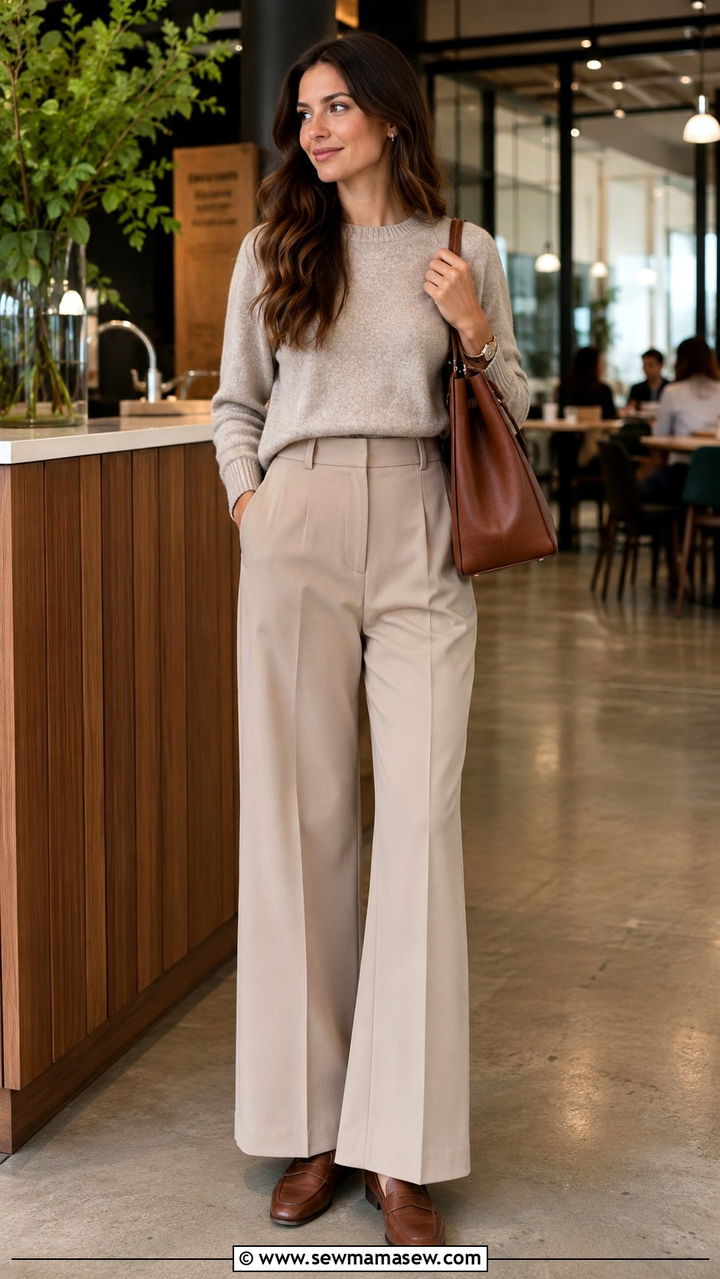 Wide Leg Trousers With Fine Knit Sweater and Loafers - 30 Early spring outfits