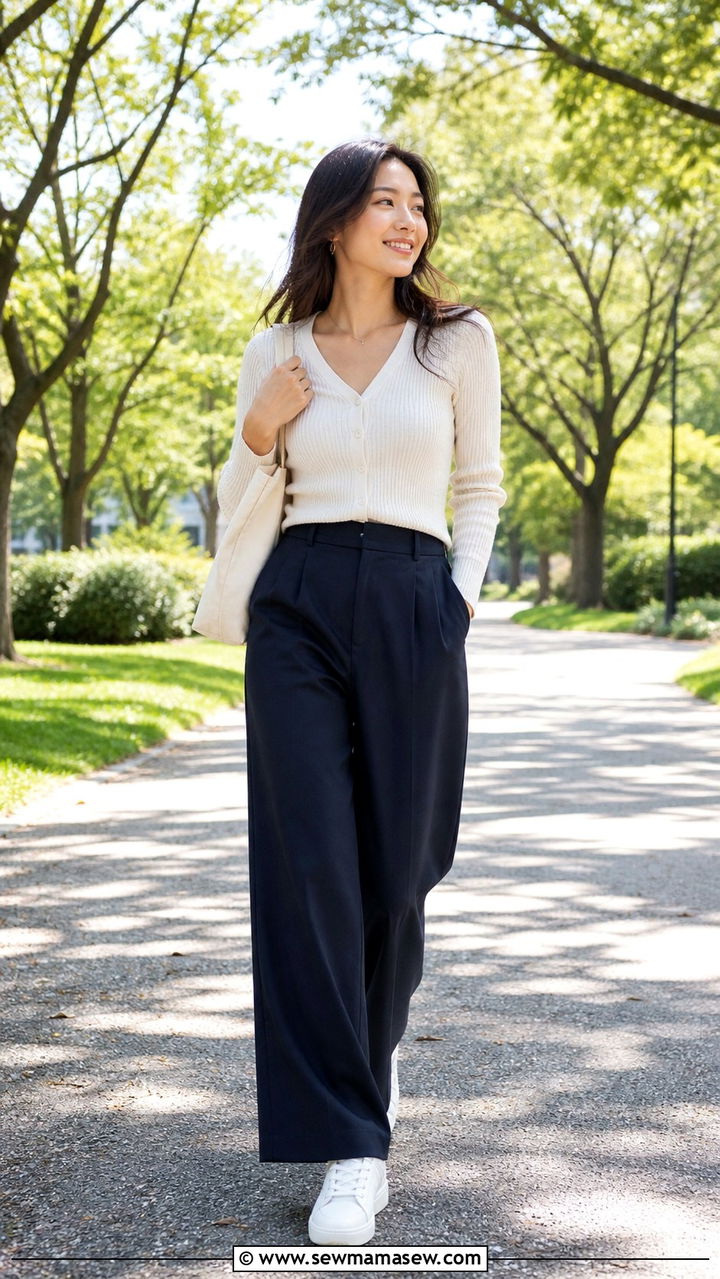 Wide Leg Trousers With Fitted Cardigan and White Sneakers - 40 French girl outfits ideas