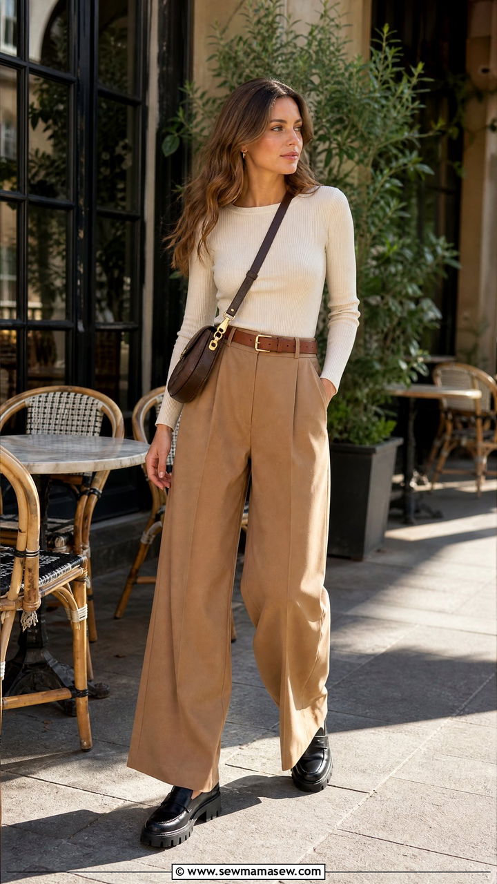 Wide Leg Trousers With Fitted Knit And Chunky Loafers - 25 Business casual outfits with loafers
