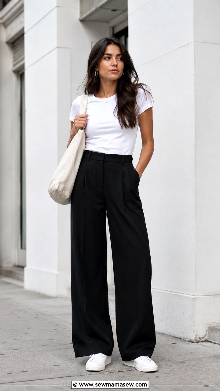 Wide Leg Trousers With Fitted Tee and Sneakers - 30 trousers outfit ideas for women
