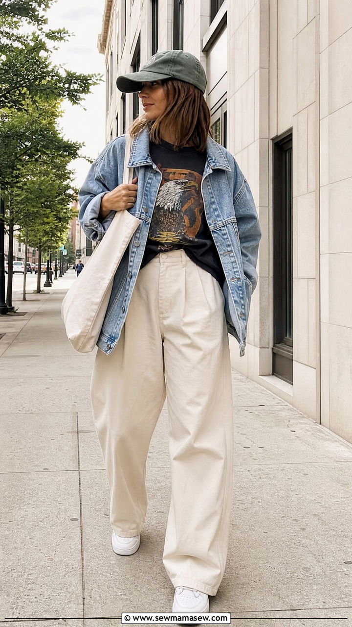 Wide Leg Trousers With Graphic Tee And Denim Jacket - 35 How to style trousers