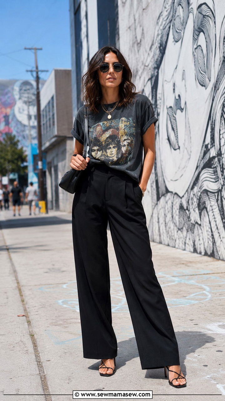 Wide Leg Trousers With Graphic Tee And Heels - 25 Wide leg trousers outfit ideas with heels