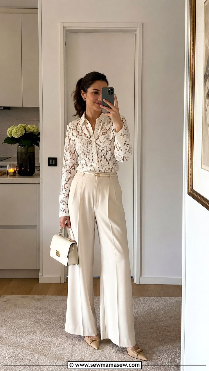 Wide Leg Trousers With Lace Blouse - 30 chic dinner outfits for women