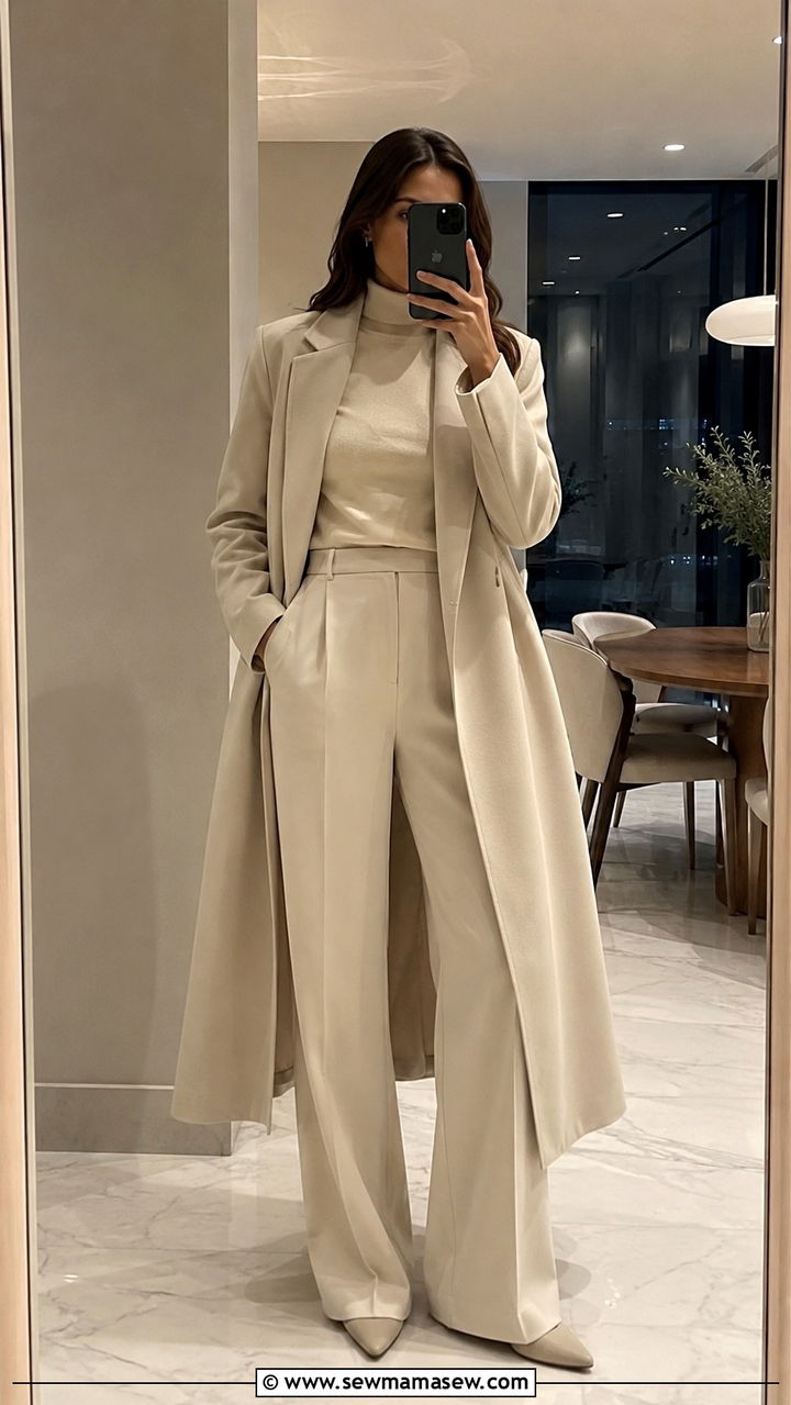 Wide Leg Trousers With Mock Neck Top - 30 modest dinner outfit ideas