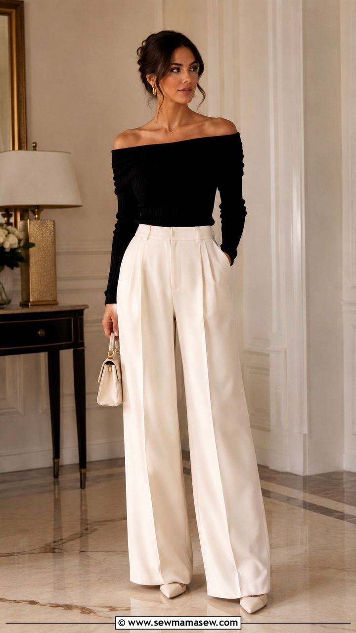 Wide Leg Trousers With Off Shoulder Top And Heels - 25 Wide leg trousers outfit ideas with heels