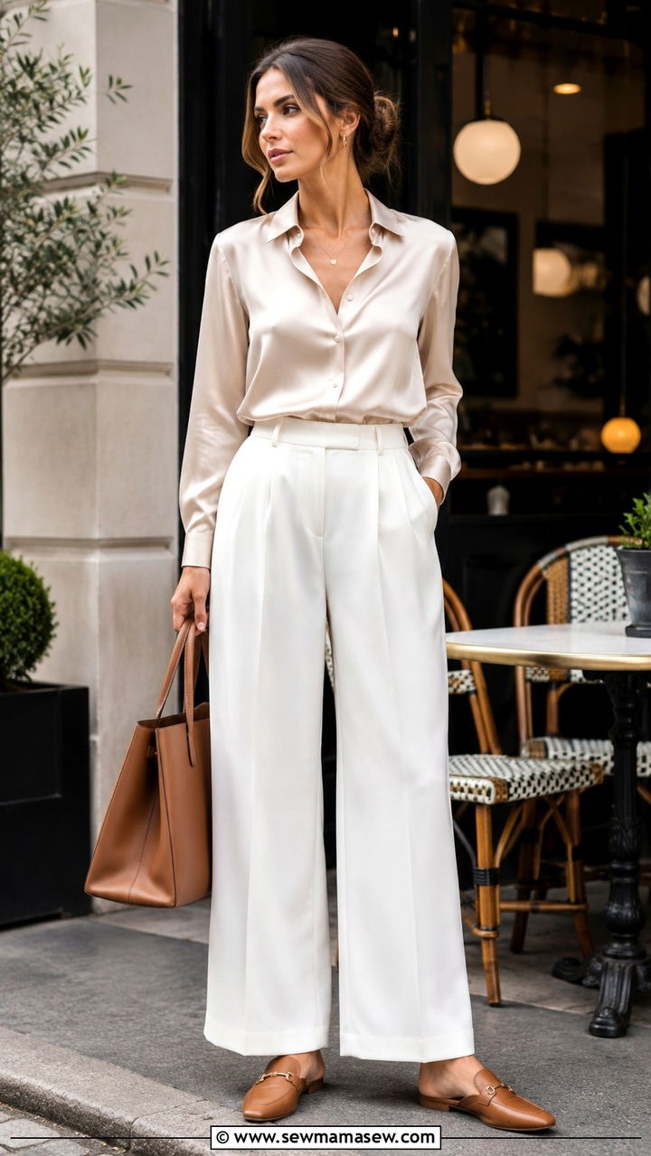 Wide Leg Trousers With Silk Blouse - 30 Brunch outfit ideas Sunday chic
