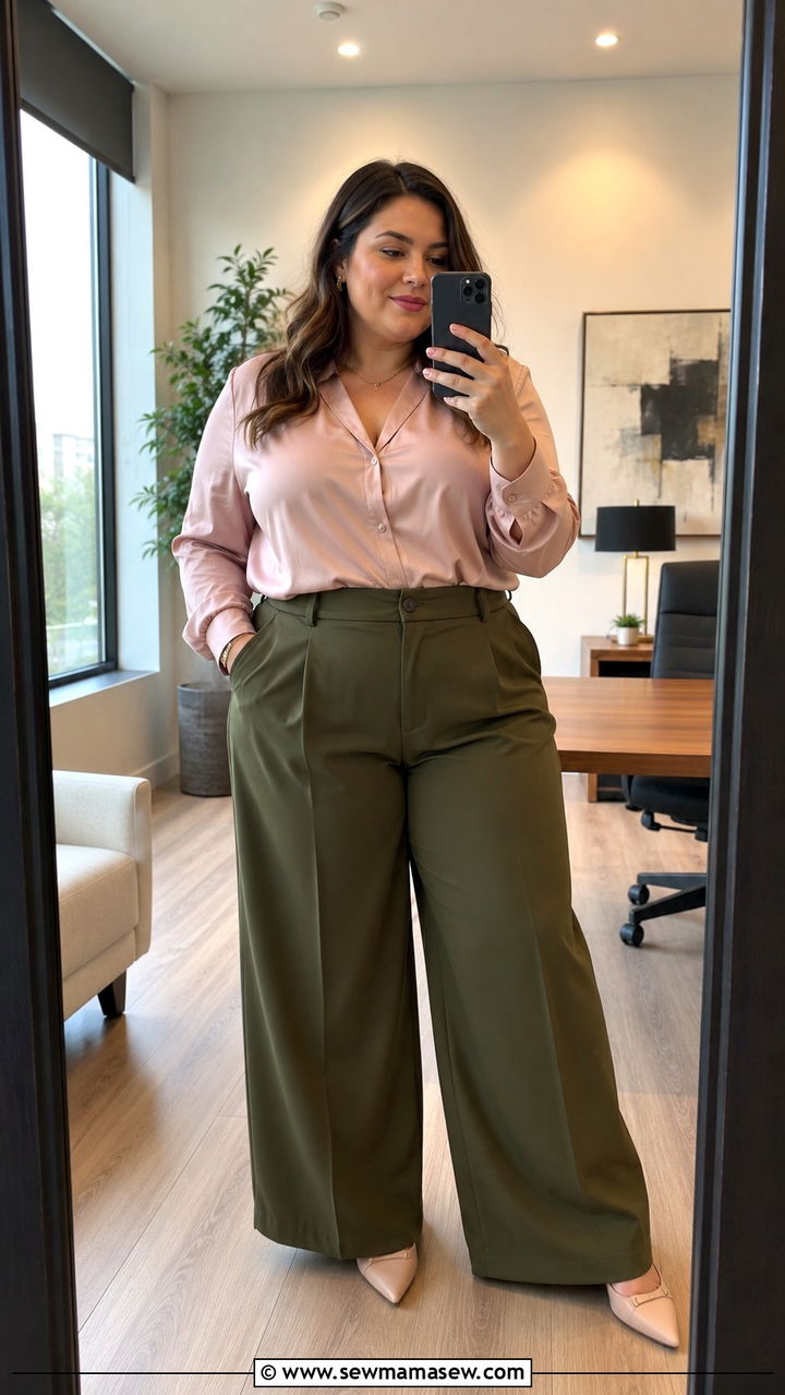 Wide Leg Trousers With Silk Blouse And Pointed Toe Flats - 30 Plus size office outfits