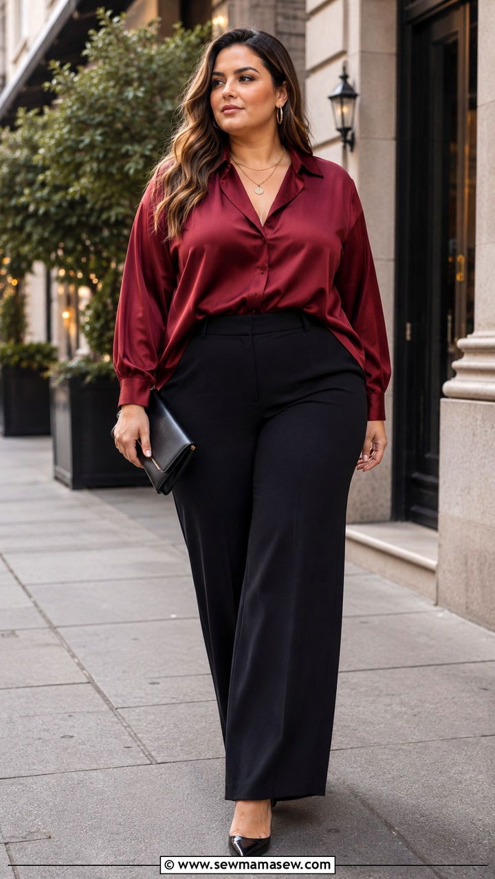 Wide Leg Trousers With Silk Blouse And Pointed Toe Pumps - 30 Party outfits for plus size