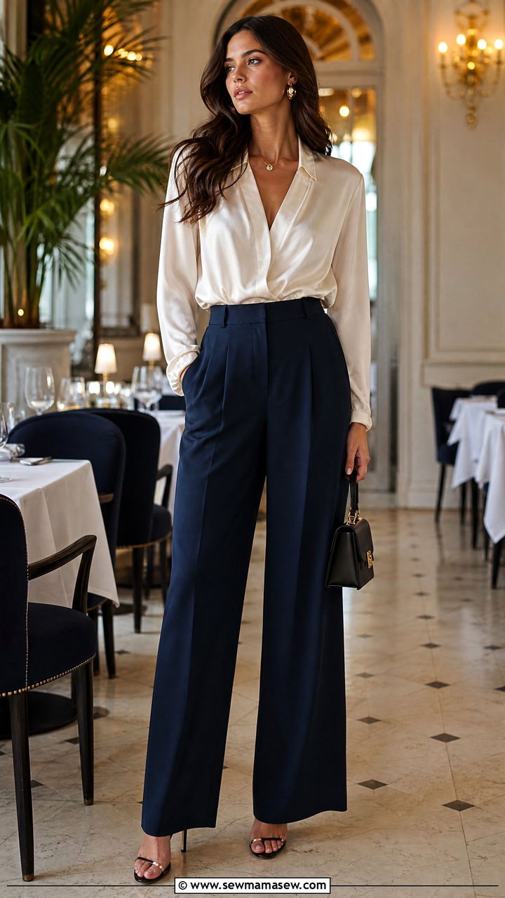 Wide Leg Trousers With Silk Blouse Outfit - 30 classy wide leg pants outfits