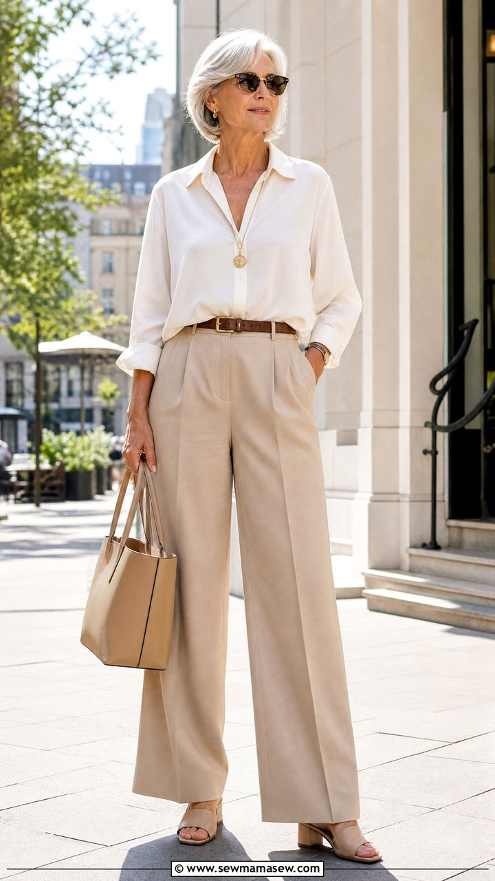 Wide Leg Trousers With Structured Blouse Outfit - 25 Midsize outfits for women over 60