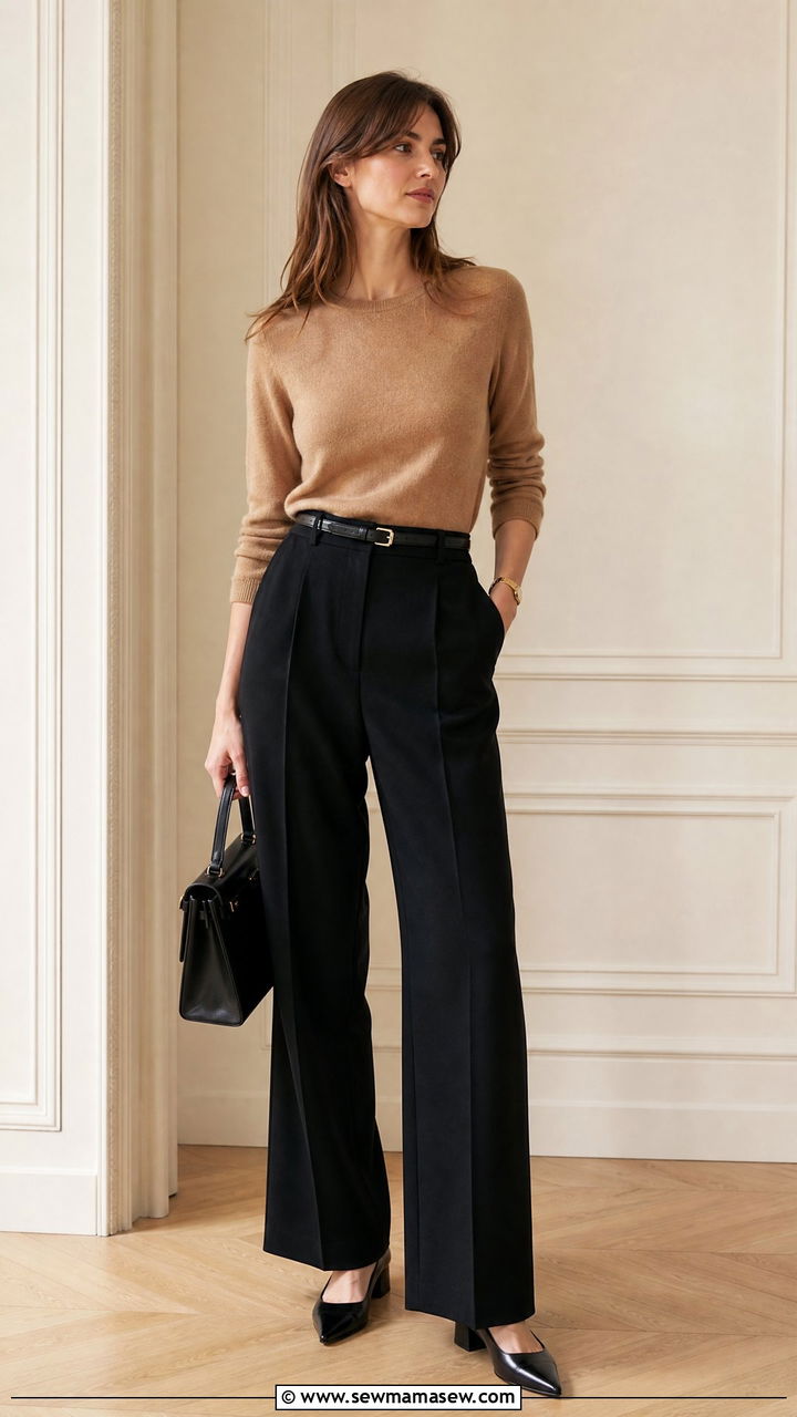 Wide Leg Trousers With Tucked Cashmere Sweater - 30 French girl outfit ideas for work