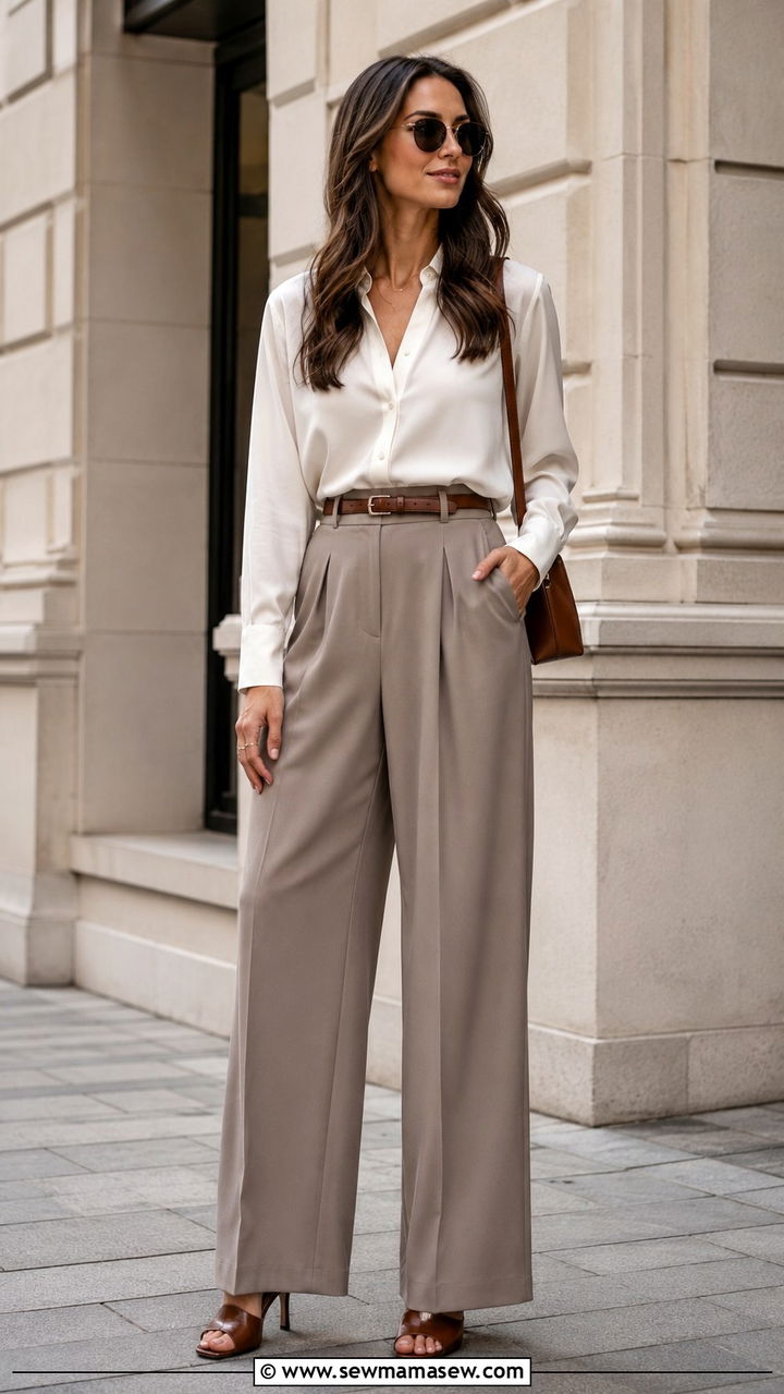 Wide Leg Trousers With Tucked Long Sleeve Blouse - 30 Modest outfit ideas minimalist