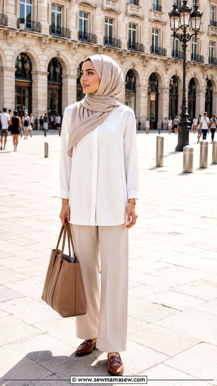 Wide Leg Trousers With Tunic Top And Loafers - 30 Modest travel outfit ideas