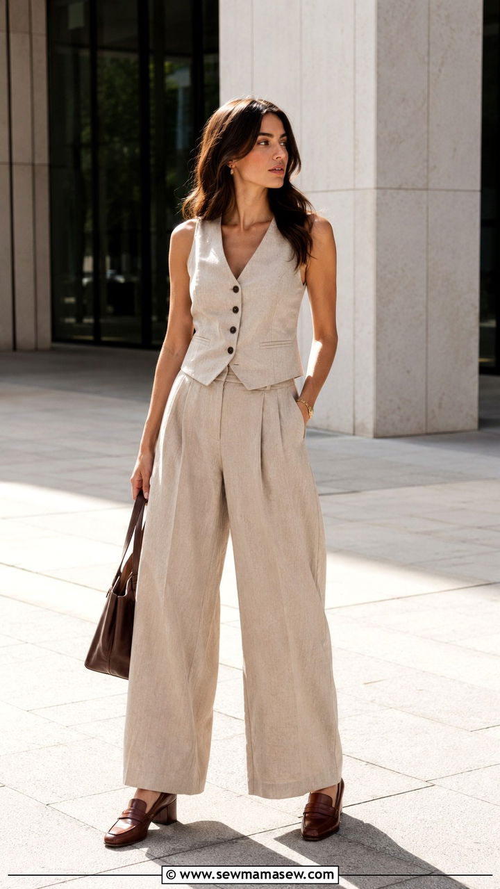 Wide Leg Trousers With Waistcoat And Heeled Loafers - 25 Wide leg trousers outfit ideas with heels