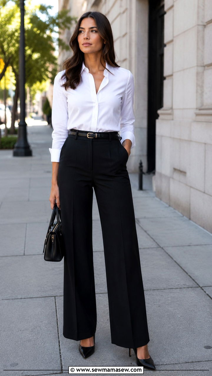 Wide Leg Trousers With White Button Down Shirt And Heels - 25 Wide leg trousers outfit ideas with heels