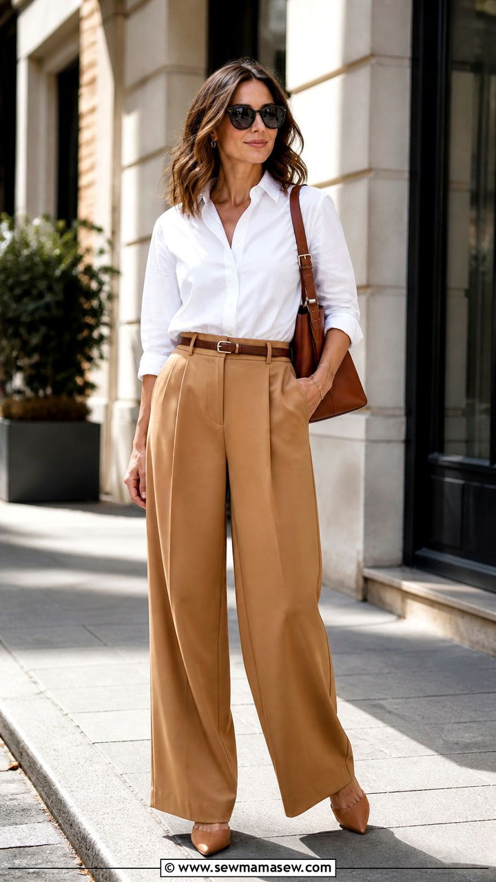 Wide Leg Trousers With White Button Down Shirt - 20 35 year old woman outfit ideas