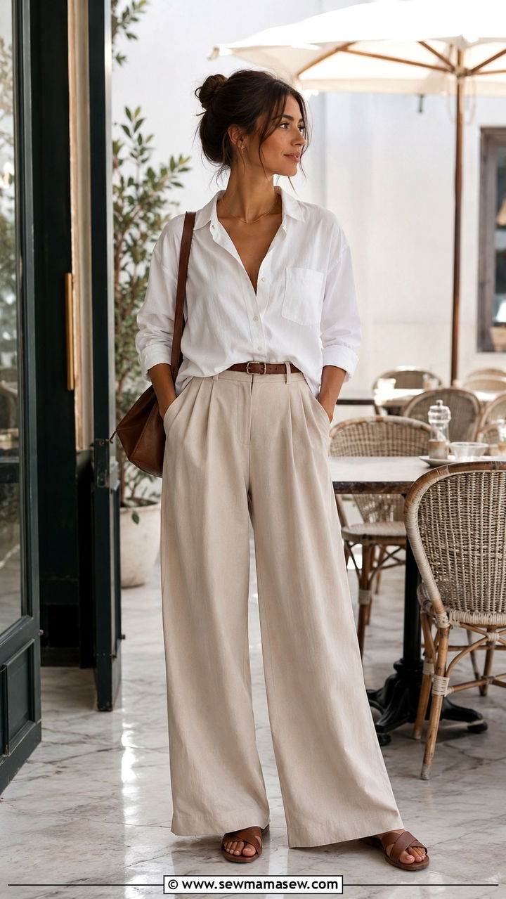 Wide Leg Trousers With White Button Down - 30 chic wide leg pants outfit ideas