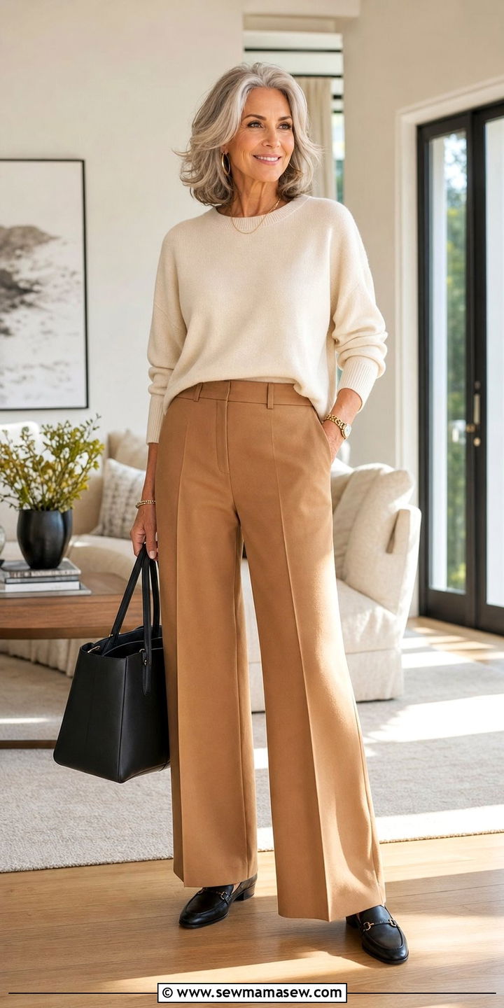 Wide Leg Trousers With a Cashmere Sweater - 25 Elevated casual outfit ideas for women over 60