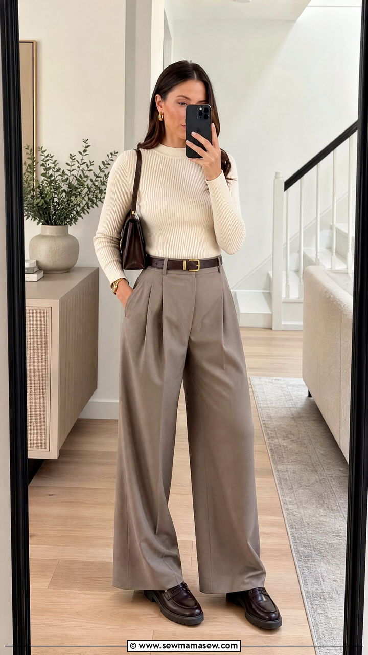 Wide Leg Trousers With a Fitted Knit and Platform Loafers - 30 How to style loafers