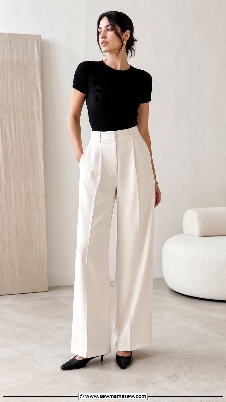 Wide Leg Trousers With a Fitted T Shirt and Square Toe Kitten Heels - 25 Kitten heel outfit ideas
