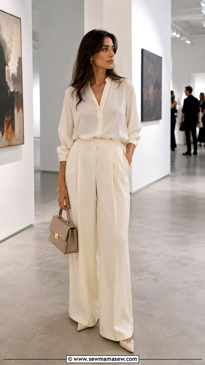 Wide Leg Trousers With a Tucked Blouse and Pointed Toe Flats - 20 Art gallery opening outfit ideas
